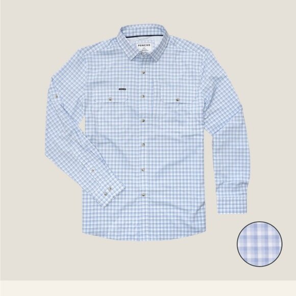 Poncho Men’s Shirt Size M Blue Gingham Check Button Front Long Sleeve Outdoor - Picture 1 of 12